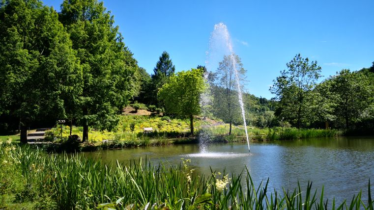 Ein Teich im Kurpark mit einer Wasserfontäne, umgeben von grünen Bäumen und Pflanzen unter klarem blauem Himmel.