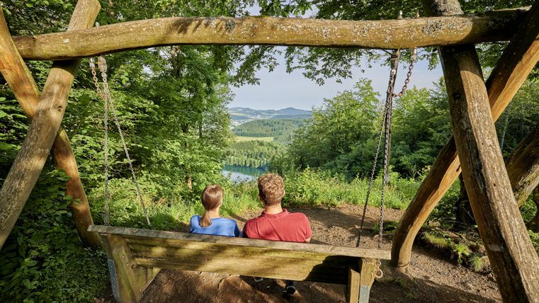 Eine Schaukel im Wald mit Blick auf eine malerische Landschaft. Zwei Personen sitzen nebeneinander und genießen die Aussicht.
