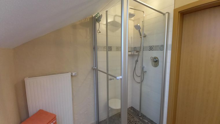 Ein modernes Badezimmer mit einer gläsernen Duschkabine. An der Wand steht ein Heizkörper und es gibt einige Handtücher auf einem Regal.