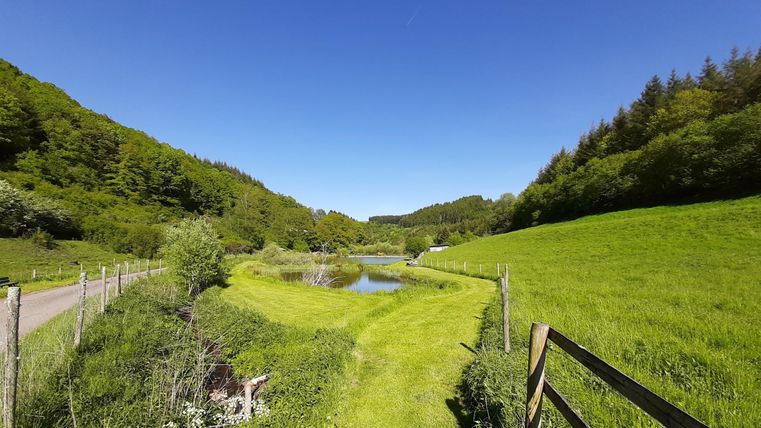 Ein ruhiger Weg entlang eines grünen Feldes mit einem klaren Fluss. Die Landschaft ist von Wäldern und blauem Himmel umgeben.