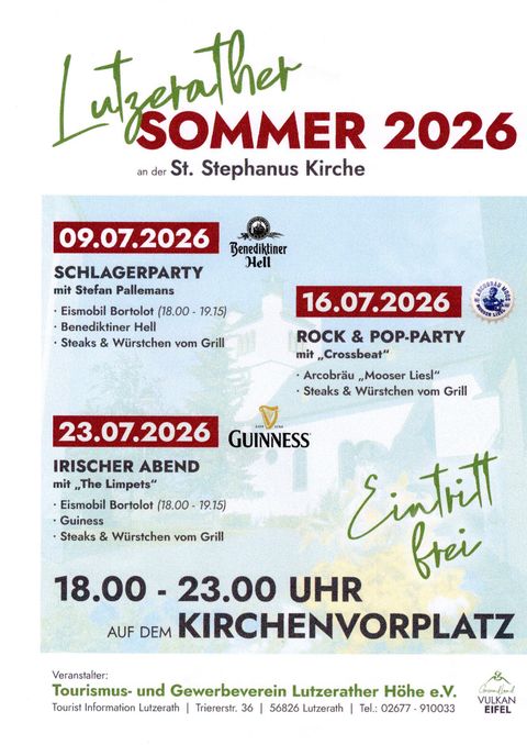 Eine Veranstaltungsankündigung für den Lutzerather Sommer 2026 an der St. Stephanus Kirche. Es gibt verschiedene Partys und einen irischen Abend mit freiem Eintritt.