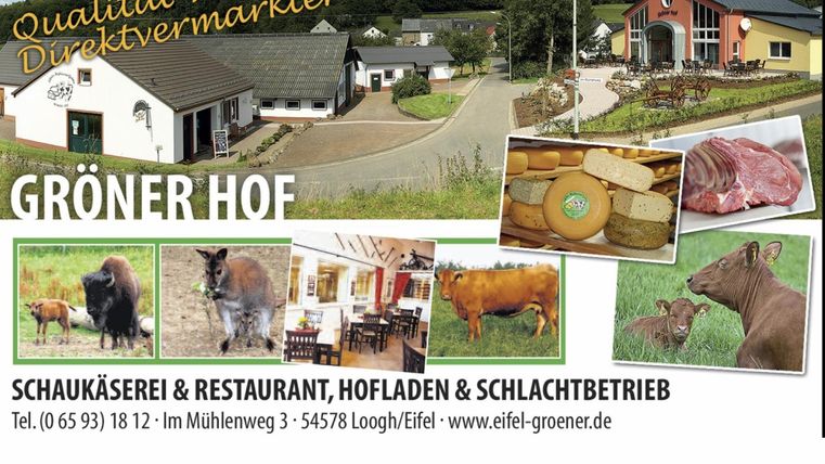<p>Bildkollage des Gröner Hofs mit Bildern der Gebäude, Käse und Fleischwaren, Kühen und anderen Tieren, die auf dem Hof leben. Darunter der Schriftzug "Schaukäserei & Restaurant, Hofladen & Schlachtbetrieb". Dabeis steht die Adresse im Mühlenweg 3, 54578 Loogh/Eifel.</p>