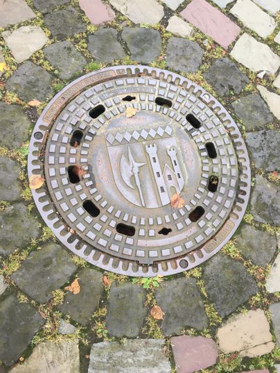 Ein Gullydeckel mit einem Wappen in der Mitte, umgeben von Platzsteinen. Einige Blätter liegen auf dem Deckel und dem Boden.