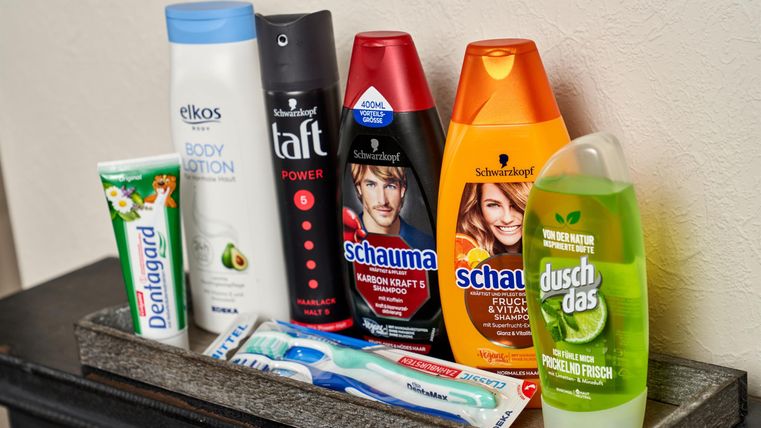 Eine Reihe von Pflegeprodukten steht auf einem Regal. Dazu gehören Shampoos, Duschgel, Zahnpasta und eine Zahnbürste.
