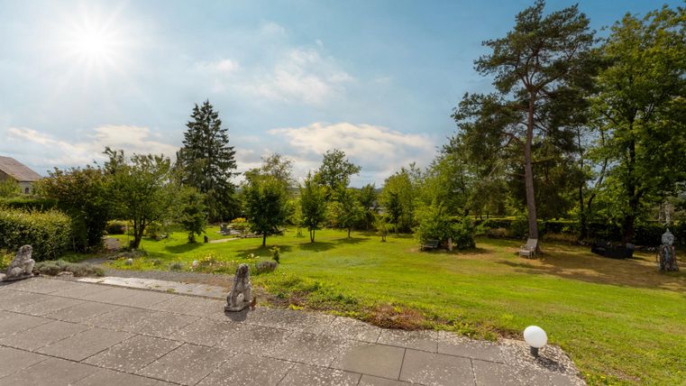 Ein schöner Garten mit vielen Bäumen und Sonnenschein. Der Rasen ist grün und gepflegt.