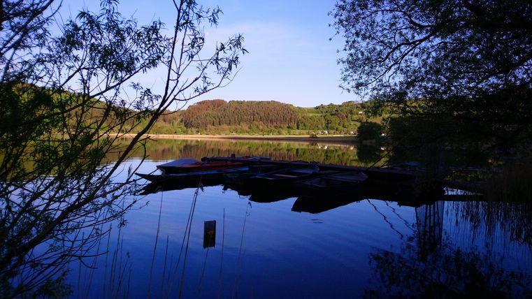 Ein ruhiger See mit Booten am Ufer und umgebenden Bäumen. Die Wasseroberfläche spiegelt die Landschaft wider und sorgt für eine friedliche Atmosphäre.