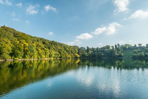 Ein ruhiger See umgeben von üppigen Bäumen. Der Himmel ist klar und blau, mit einigen Wolken.
