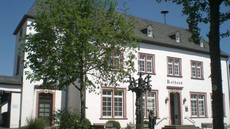 A beautiful, white building with a slate roof. In front of the building stands a tree and a lamp post, surrounded by a well-kept garden.