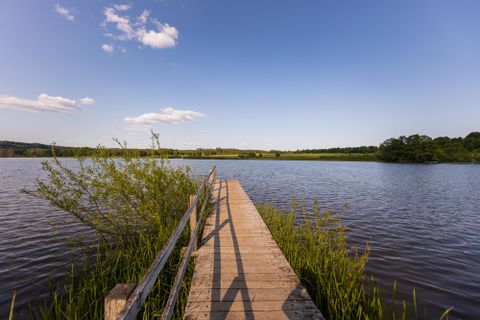 Ein Holzsteg führt über einen ruhigen See, umgeben von grünem Gras und Bäumen. Der Himmel ist klar mit einigen Wolken.