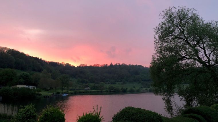 Ein ruhiger See bei Sonnenuntergang mit sanften Farben am Himmel. Üppige Grünflächen und Bäume umgeben das Wasser.