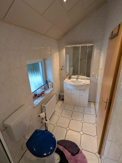 Ein Badezimmer mit WC, Waschbecken und Spiegel. Die Wände sind hell gefliest und es gibt ein Fenster, das natürliches Licht hereinlässt.