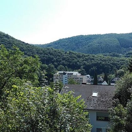 Eine grüne Landschaft mit Hügeln und Wäldern im Hintergrund. Im Vordergrund sieht man ein paar Gebäude, umgeben von Bäumen.