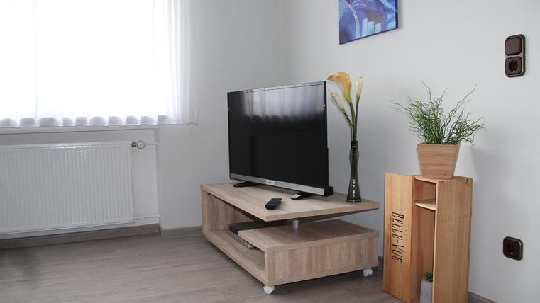 Ein modernes Wohnzimmer mit einem Fernseher auf einem Holzregal. Eine Pflanze steht in einem Blumentopf neben dem Regal.