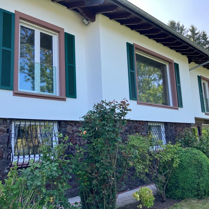 Een mooi huis met witte muren en groene luiken. De tuin is verzorgd en heeft veel planten.