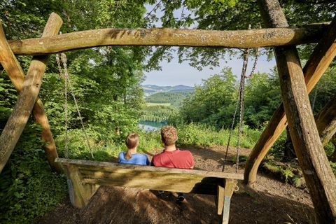 A swing in the forest overlooking a picturesque landscape. Two people sit side by side and enjoy the view.