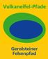 Logo des Gerolsteiner Felsenpfads mit grünem und blauem Oval auf gelbem Hintergrund.