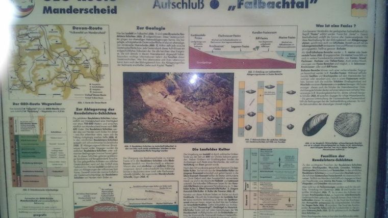 Eine Infotafel über die GEO-Route Manderscheid, die geologische Informationen und Abbildungen des Fellbachtals präsentiert. Die Tafel enthält Diagramme und Erläuterungen zur Geologie der Region.