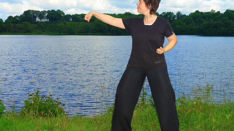 Eine Person in schwarzer Kleidung übt Bewegungen am Ufer eines Sees. Im Hintergrund sind Bäume und ein bewölkter Himmel zu sehen.