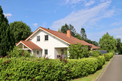 Ein schönes Einfamilienhaus mit rotem Dach und grünem Garten. Die Straße ist ruhig und von Bäumen gesäumt.