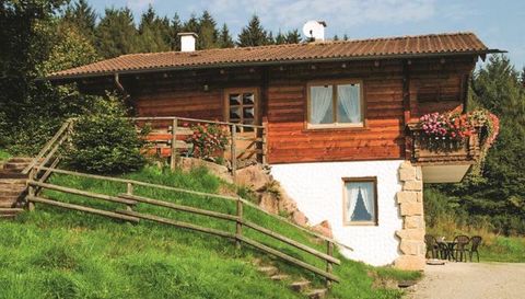 Ein hübsches Holzhaus inmitten von grünen Wiesen und Bäumen. Auf dem Balkon blühen bunte Blumen.