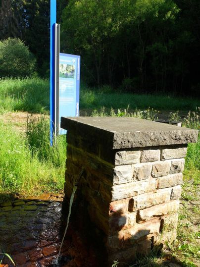 Ein Steinkr fountain mit fließendem Wasser in einer grünen Umgebung. Im Hintergrund steht ein Informationsschild.