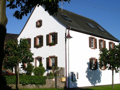Ein schönes, weißes Haus mit schwarzen Fenstern und einem gepflegten Garten. Die Sonne scheint und es gibt saftige Bäume um das Gebäude.