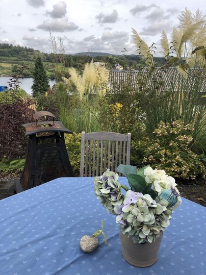 Ein schöner Tisch mit einer blauen Tischdecke und einem Blumentopf steht in einem Garten. Im Hintergrund sind grüne Pflanzen und ein See zu sehen.