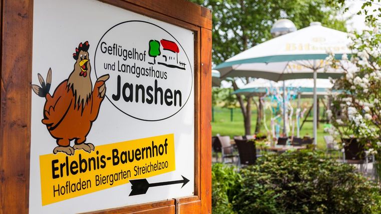 Ein Schild des Geflügelhofs und Landgasthauses Janshen. Es zeigt einen attraktiven Erlebnis-Bauernhof mit Biergarten und Hofladen.