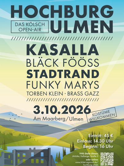 Ein Plakat für ein Open-Air-Event in Hochburg Ulmen. Es zeigt verschiedene Bands und Informationen zu Datum, Uhrzeit und Eintrittspreis.