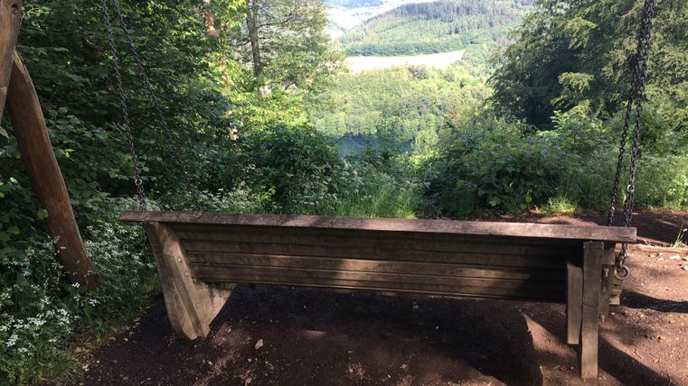 Eine Holzbank steht an einem Aussichtspunkt umgeben von Bäumen. Im Hintergrund ist eine wunderschöne Landschaft mit Hügeln und einem klaren Himmel zu sehen.