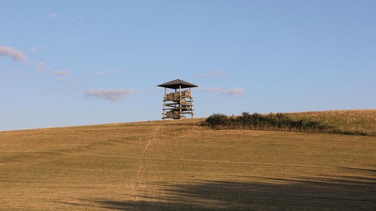 Ein Aussichtsturm steht auf einer sanften Hügelkuppe. Der Himmel ist klar und blau, umgeben von einer weiten Wiese.