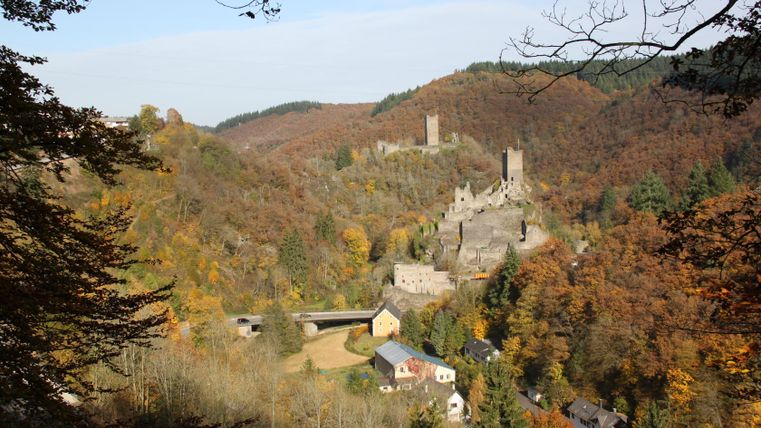 Aussicht auf die Manderscheider Burgen im Herbst mit buntem Laub und umliegenden Hügeln.