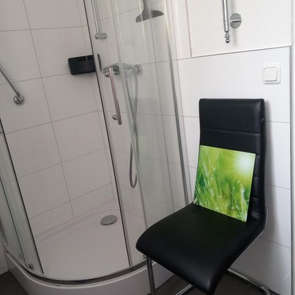 A modern shower is in a bright bathroom. On a black chair lies a picture with green plant motifs.