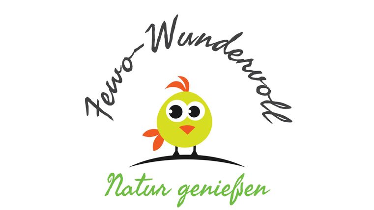 Ein fröhlicher Vogel mit einem gelben Körper und großen Augen. Der Text "Ferien-Wunderwelt" und "Natur genießen" umrahmt das Bild.
