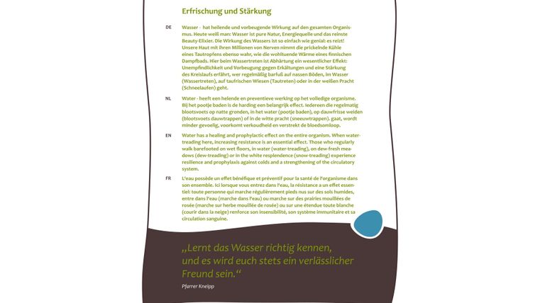 Ein Informationsblatt mit dem Titel „Die Kraft des Wassers“. Es enthält Texte über Ernährung und Stärkung durch Wasser.