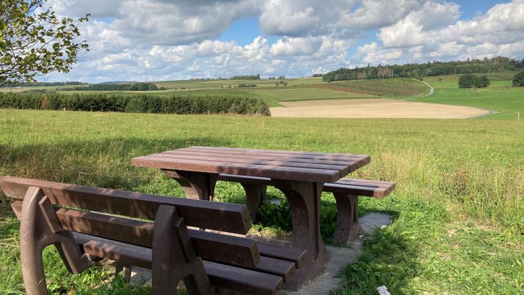 Holztisch und Bänke auf einer Wiese mit weitem Blick über Felder und Hügel unter einem bewölkten Himmel.