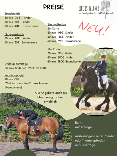 Ein Preisblatt für Reitangebote, das verschiedene Dienstleistungen für Kinder und Erwachsene auflistet. Es zeigt auch Informationen über Gutscheine und spezielle Veranstaltungen.