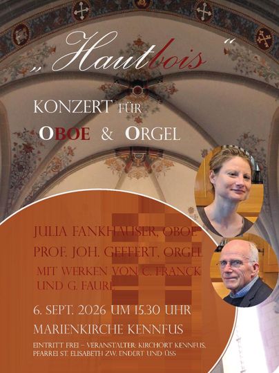 A concert poster for oboe and organ. It features the artists Julia Fankhaenel and Prof. Johl Gilbert, as well as details about the concert date and location.