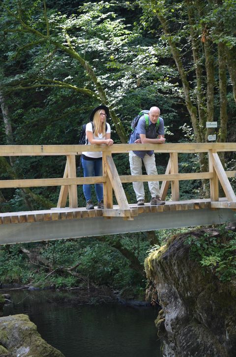 Ein Paar steht auf einer Holzbrücke und schaut in die Umgebung. Im Hintergrund sieht man grünes, dichtes Laub.