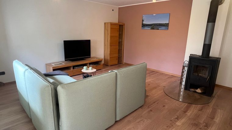 Ein modern eingerichtetes Wohnzimmer mit einem gemütlichen Sofa und einem Fernseher. Eine Holzfeuerstelle sorgt für zusätzliche Wärme und Gemütlichkeit.