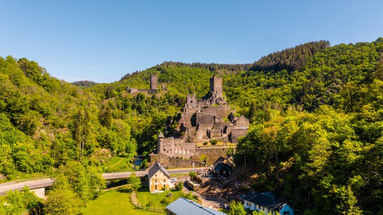 Eine beeindruckende Burgruine umgeben von grünen Wäldern. Im Vordergrund sind einige Häuser und eine Straße zu sehen.