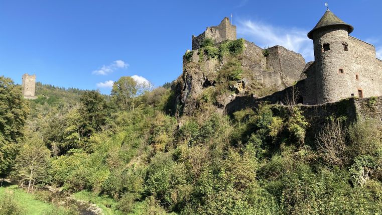 Eine beeindruckende Burg auf einem Hügel umgeben von grünen Bäumen. Im Vordergrund fließt ein kleiner Bach in die Landschaft.