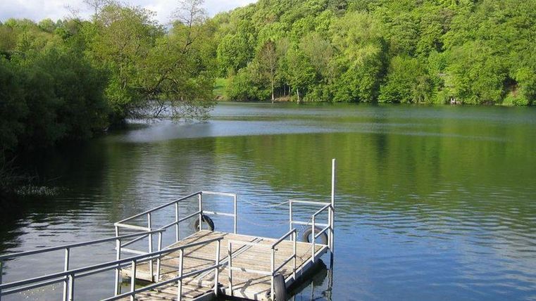 Ein ruhiger See umgeben von grünen Bäumen. Ein Holzsteg führt ins Wasser.