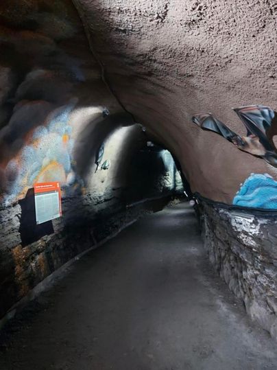 EinTunnel mit rauen Wänden und farbenfrohen Wandmalereien. Der Weg ist schmal und führt in die Dunkelheit.