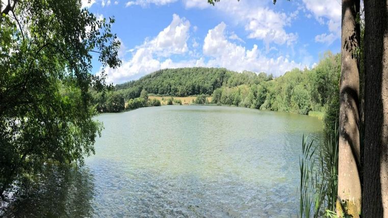 Ein ruhiger See umgeben von üppigem Grün und Bäumen. Der Himmel ist klar mit einigen Wolken.