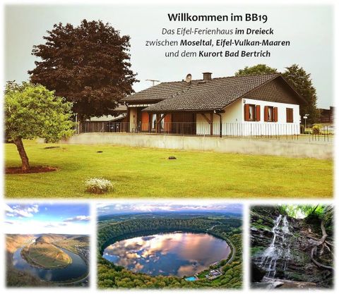 A beautiful holiday home in the Eifel, surrounded by green spaces. In the background, picturesque landscapes and landmarks are visible.