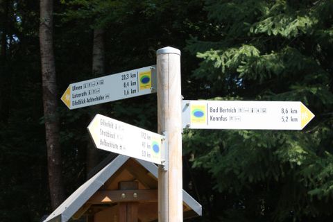 Ein Wegweiser im Wald mit mehreren Ausschilderungen. Die Entfernungen zu verschiedenen Zielen sind klar angezeigt.