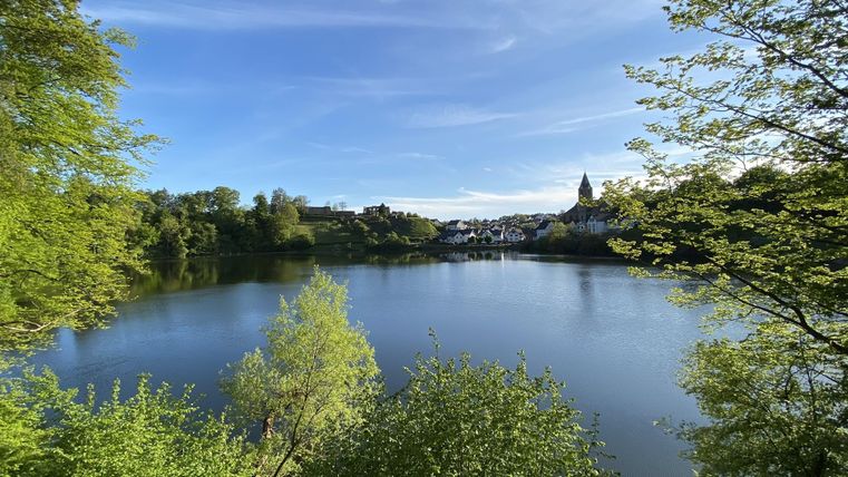 Ein ruhiger See umgeben von üppigem Grün und Bäumen. Im Hintergrund sind Häuser und ein Kirchturm sichtbar.