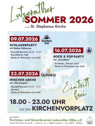 Ein Veranstaltungsplakat für den Lutzrather Sommer 2026. Es zeigt verschiedene Partys und Aktivitäten, die auf dem Kirchplatz stattfinden.