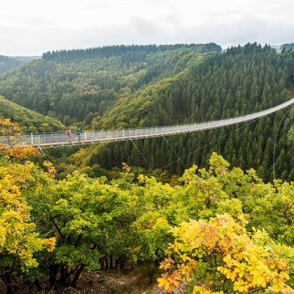 An impressive suspension bridge spans a wooded valley. The colorful leaves on the trees show autumn in all its glory.